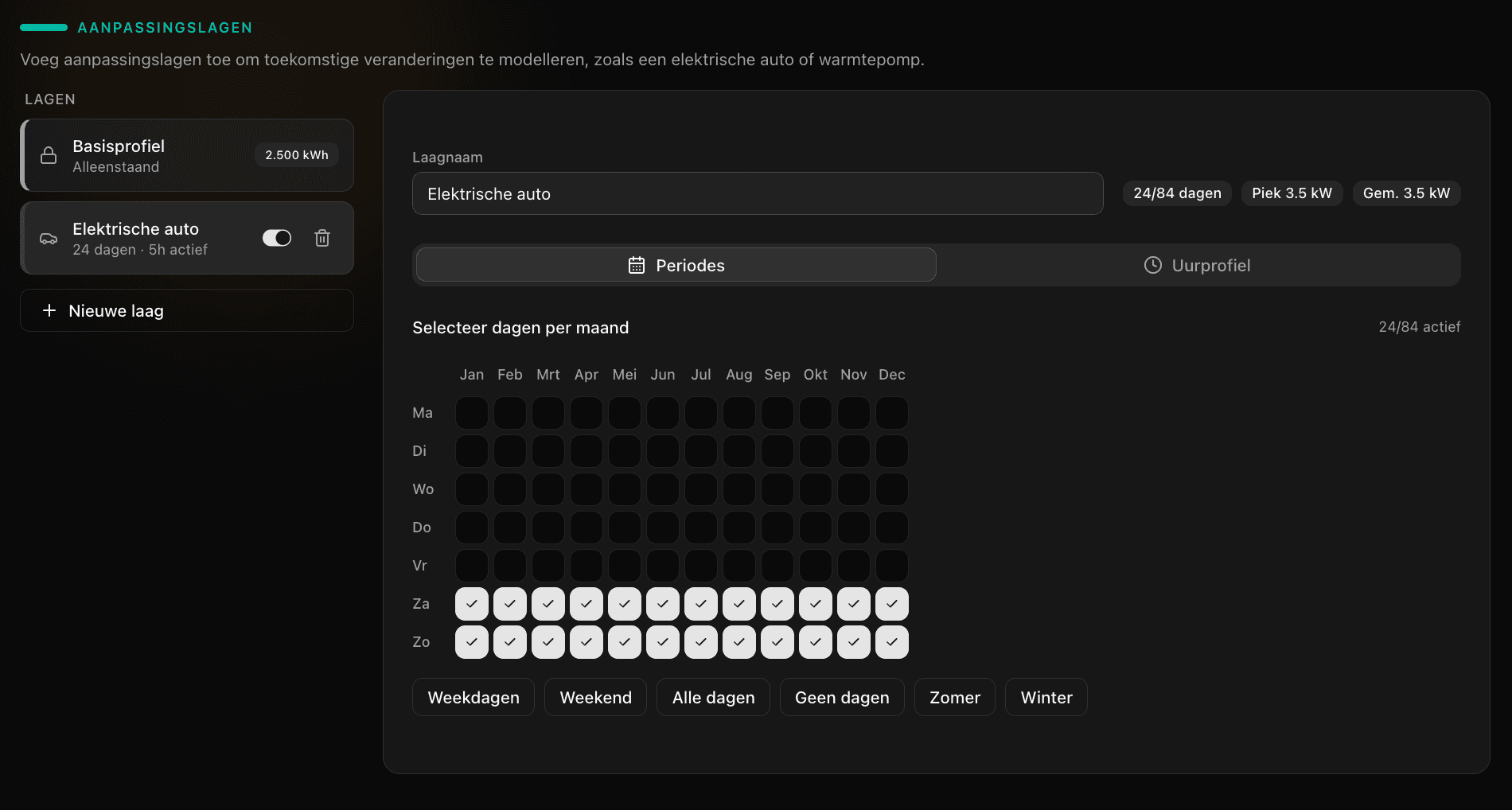 Kalendermatrix voor periodes instellen