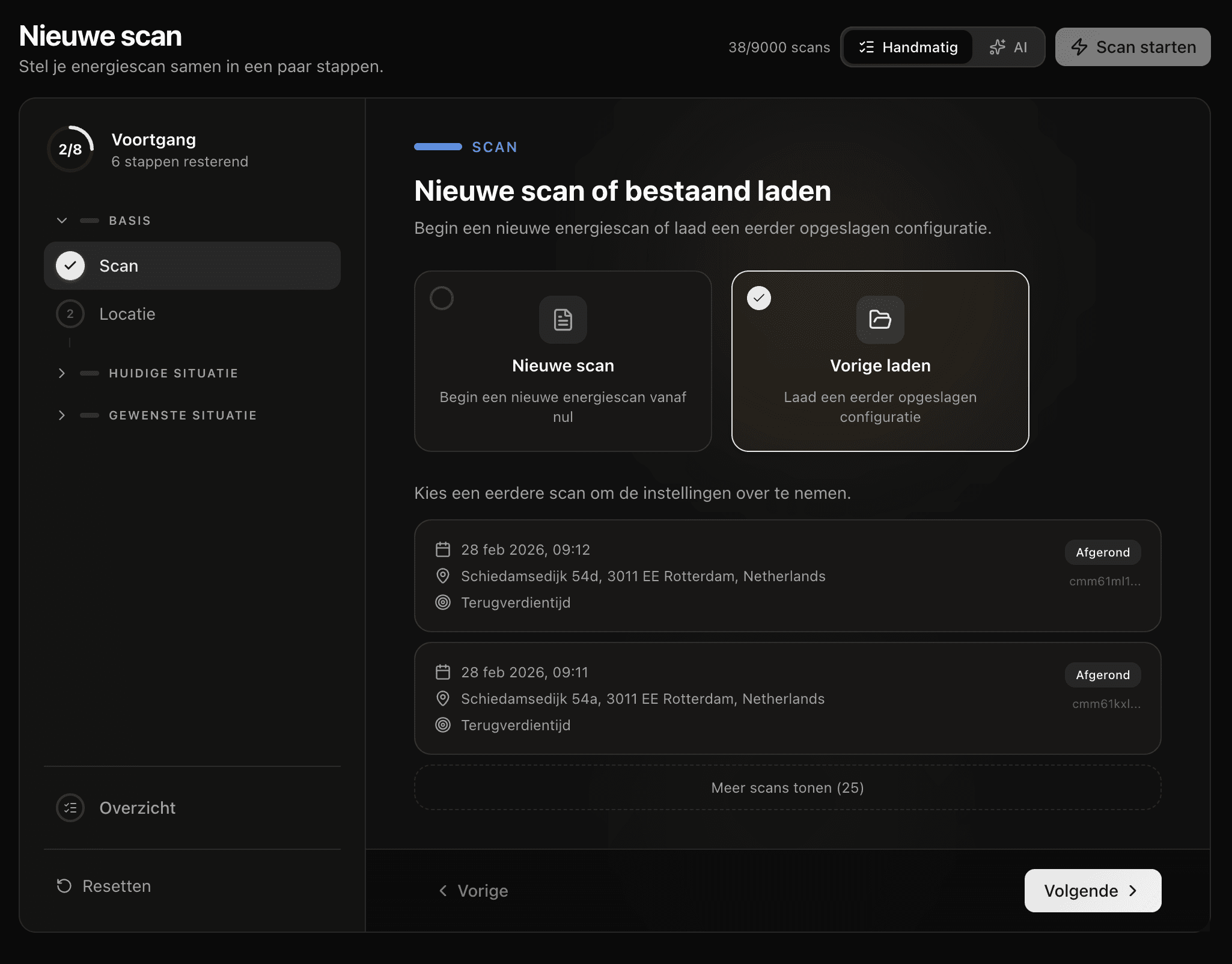 Lijst met eerder voltooide scans